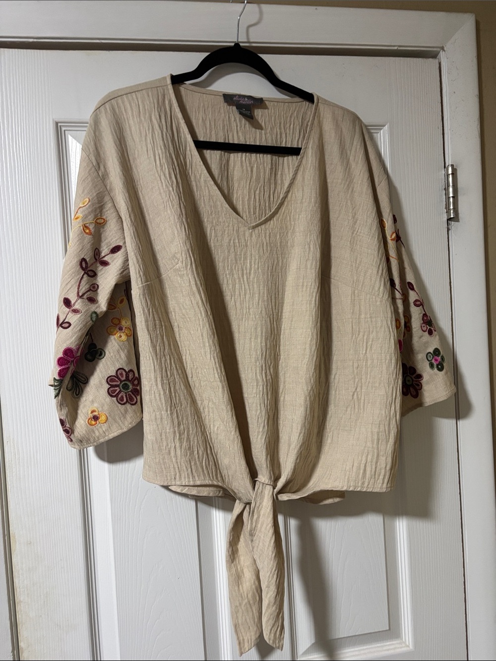 Embroidered Tie-Front Blouse in Cream by Soft Surroundings